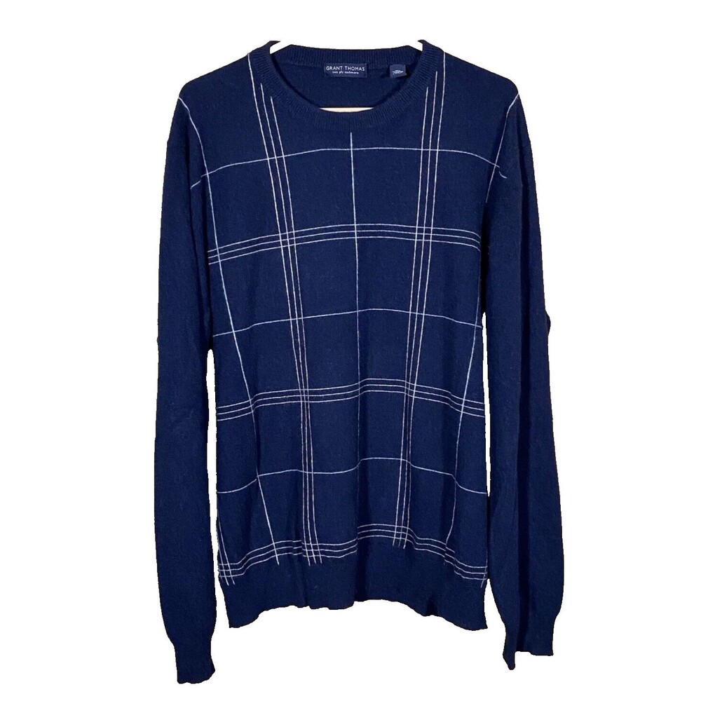 Grant Thomas Men's XL 2-Ply Cashmere Sweater Blue White Preppy Business Casual